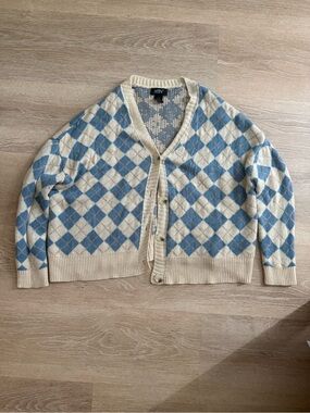 Argyle Button-Front Cardigan Sweater - Cream & Light Blue